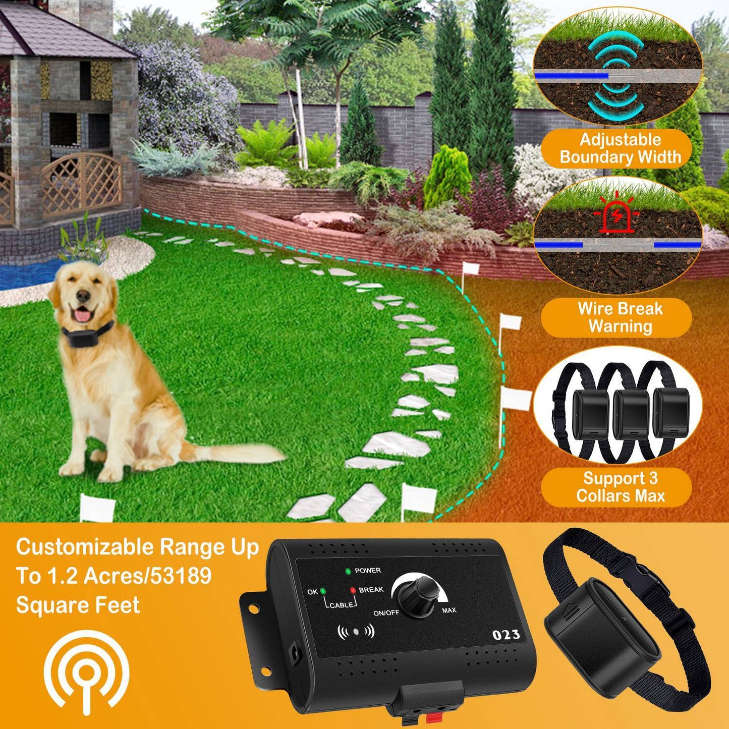 Adjustable pet boundary collar system with customizable range and warning features for safe pet containment