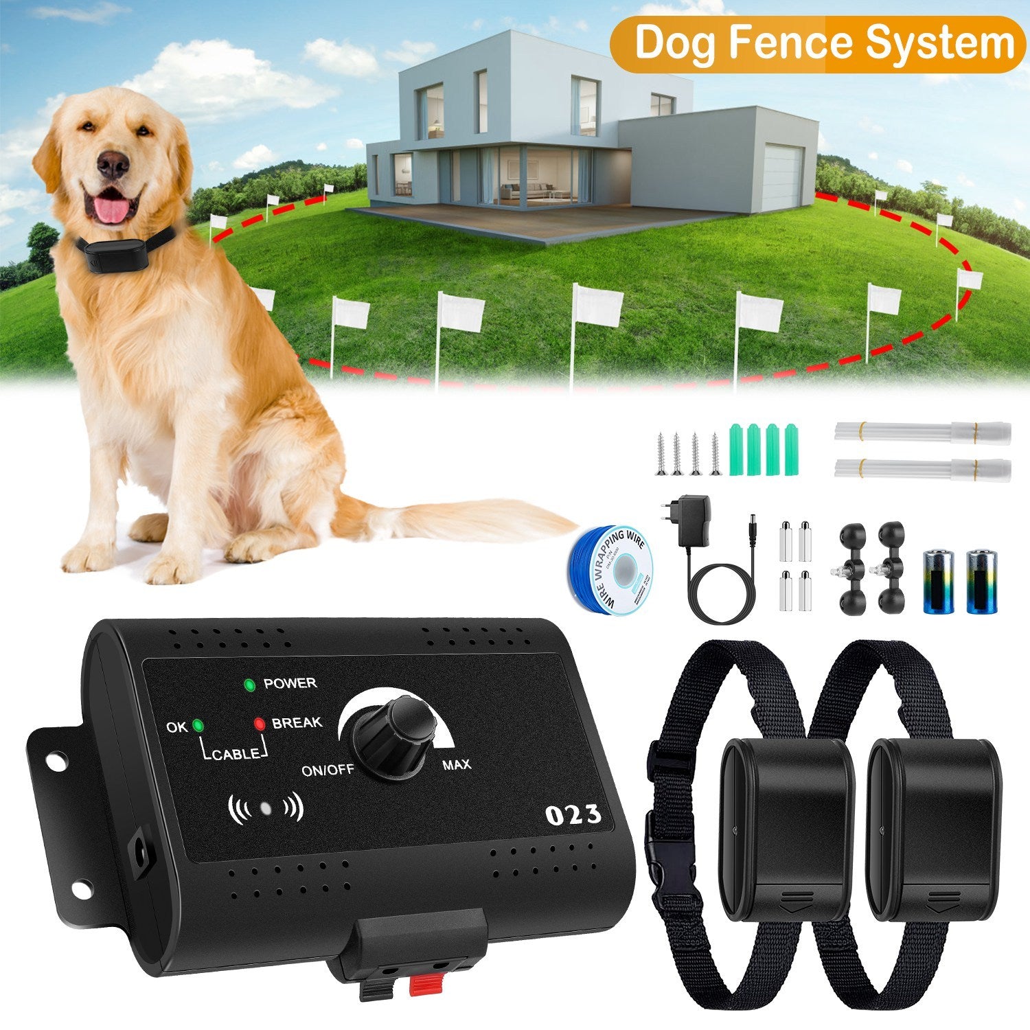 Adjustable pet boundary collar system with transmitter, collar, and flags for dog training and safety