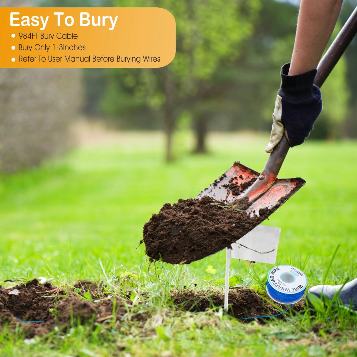 Person installing adjustable pet boundary collar system burying wire with shovel in garden
