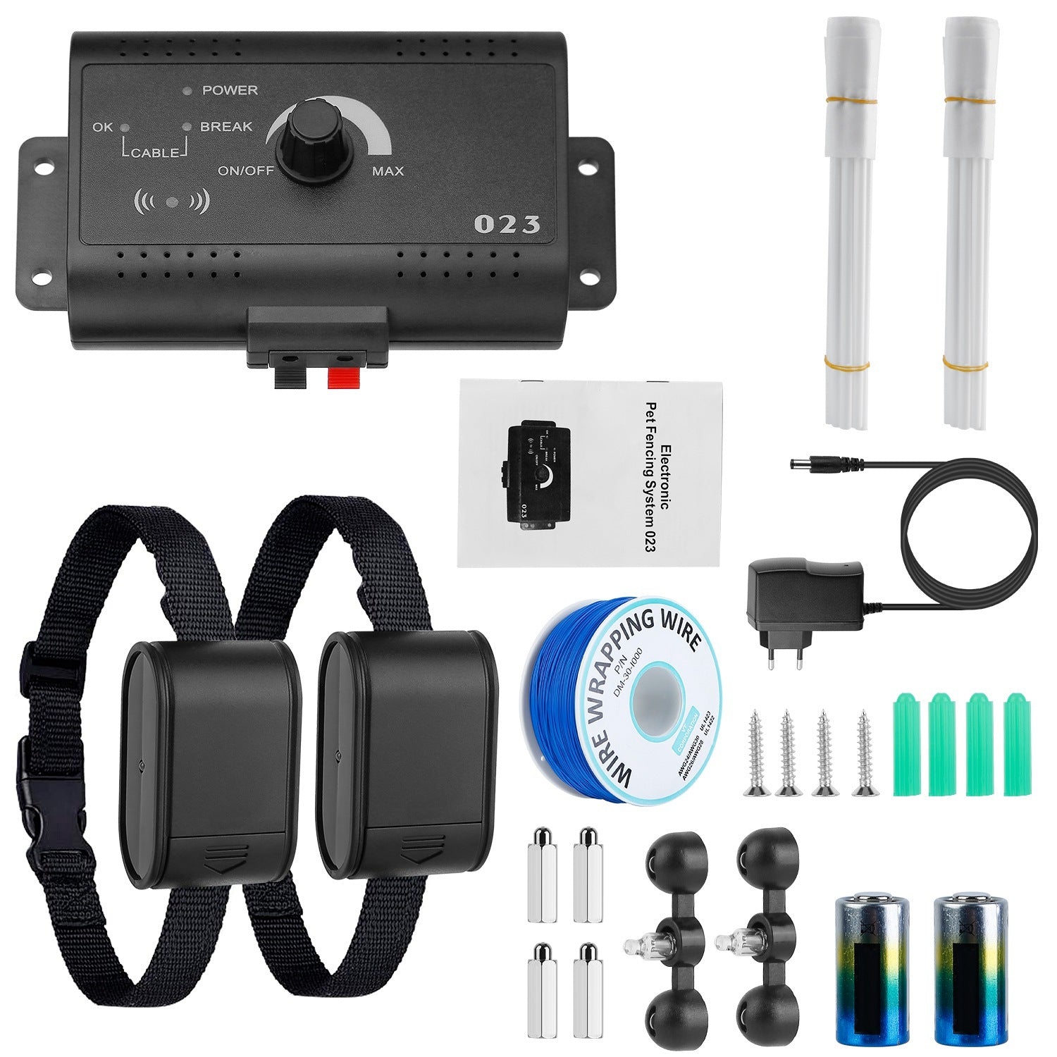 Adjustable pet boundary collar system with training tools and accessories for effective pet containment