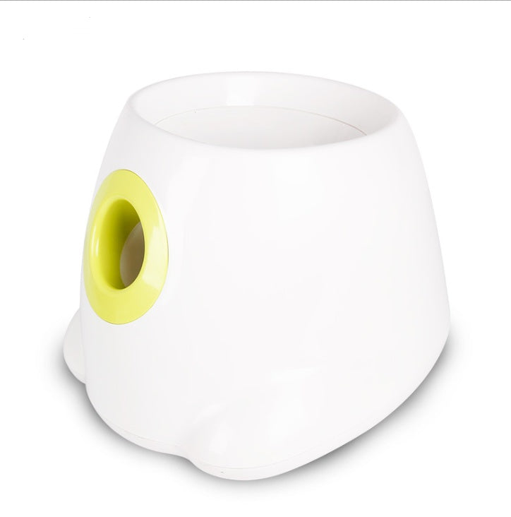 Orange Poppy automatic dog ball launcher in white with lime green loading port and compact rounded design