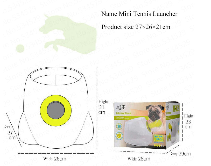 Orange Poppy mini tennis automatic dog ball launcher diagram showing product dimensions and packaging box