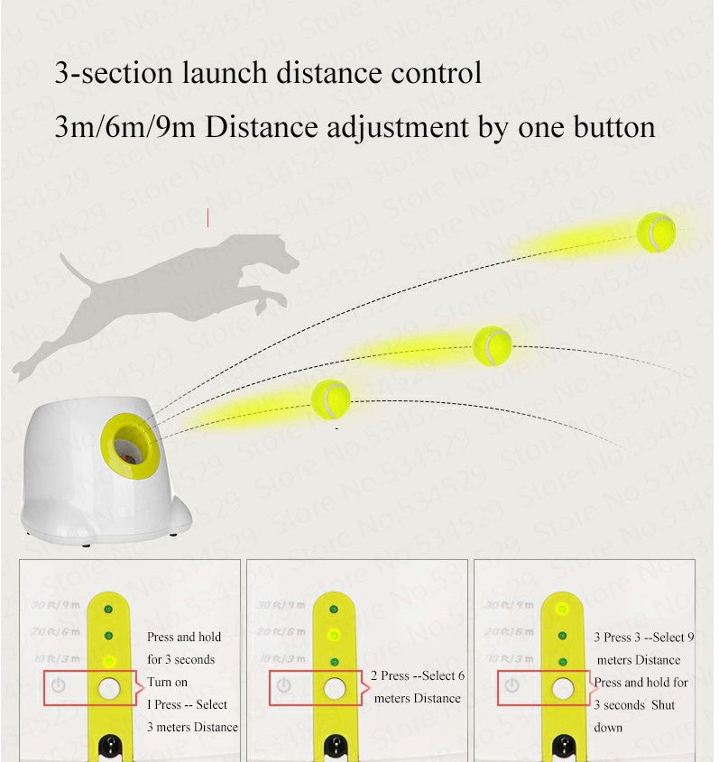 Orange Poppy automatic dog ball launcher in white with yellow trim showing 3 distance settings 3m 6m 9m and ball trajectories