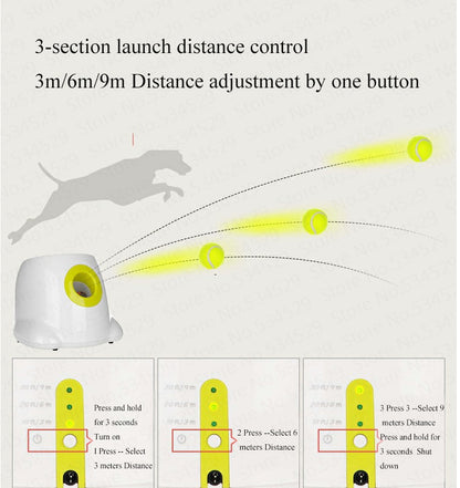 Orange Poppy automatic dog ball launcher in white with yellow trim showing 3 distance settings 3m 6m 9m and ball trajectories