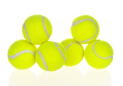 Orange Poppy replacement tennis balls pack for automatic dog ball launcher showing six bright yellow balls