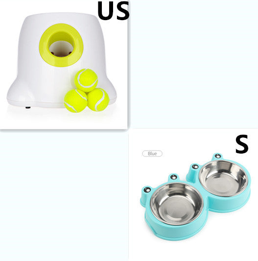 Orange Poppy automatic dog ball launcher with three tennis balls and blue double stainless steel dog bowls for play and feeding