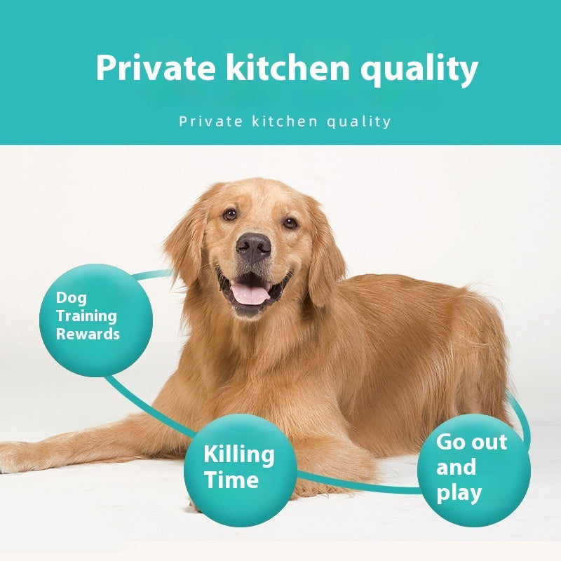Golden retriever lying on white background with Private kitchen quality text promoting chicken and beef meat cubes for dogs