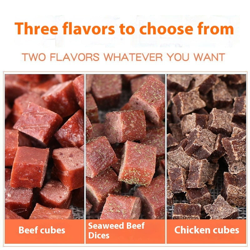 Orange Poppy three flavor dog treats display showing beef seaweed and chicken cubes chicken and beef meat cubes for dogs