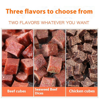 Orange Poppy three flavor dog treats display showing beef seaweed and chicken cubes chicken and beef meat cubes for dogs
