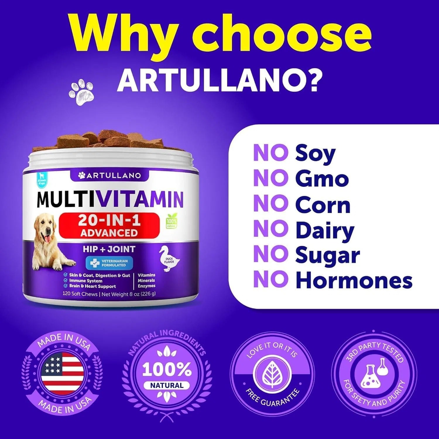 Orange Poppy Artullano dog multivitamin jar with label and benefits icons 20 in 1 dog vitamins for skin and coat health