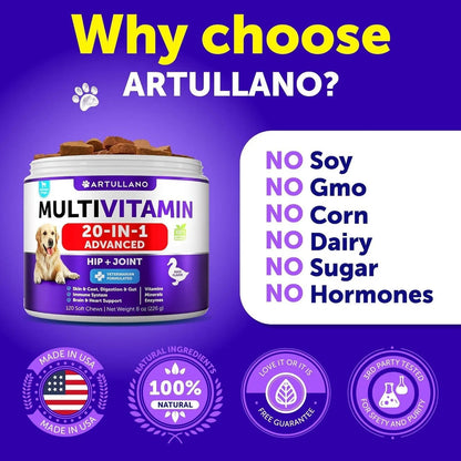 Orange Poppy Artullano dog multivitamin jar with label and benefits icons 20 in 1 dog vitamins for skin and coat health
