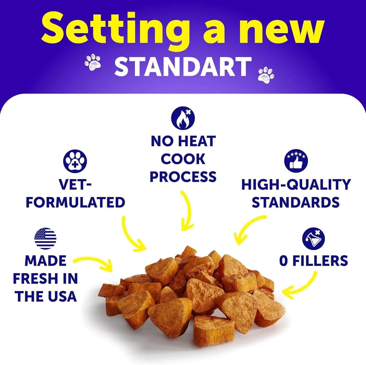 Orange Poppy dog treats pile with vet formulated icons for no heat cook process and 20 in 1 dog vitamins for skin and coat health