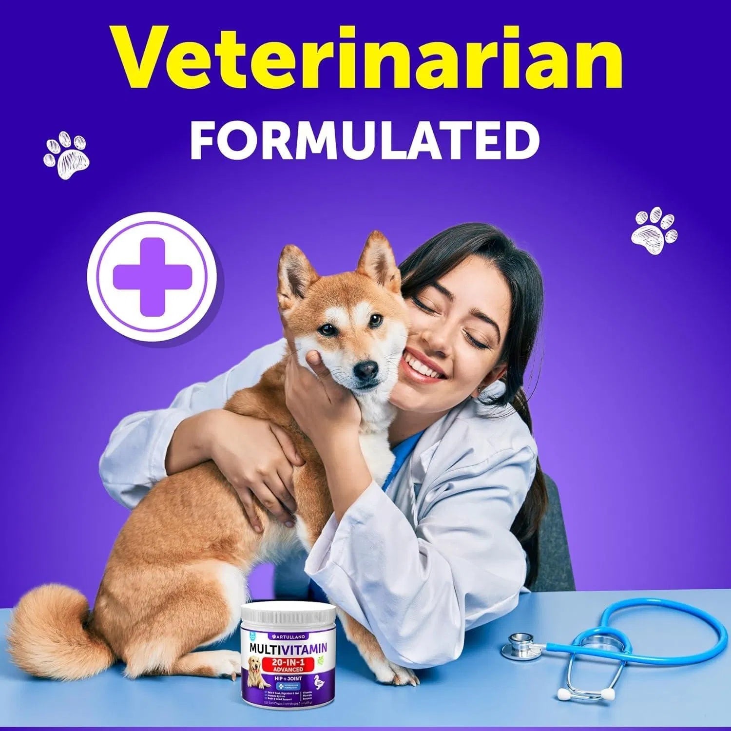 Veterinarian hugging a Shiba Inu beside multivitamin jar and stethoscope 20 in 1 dog vitamins for skin and coat health.