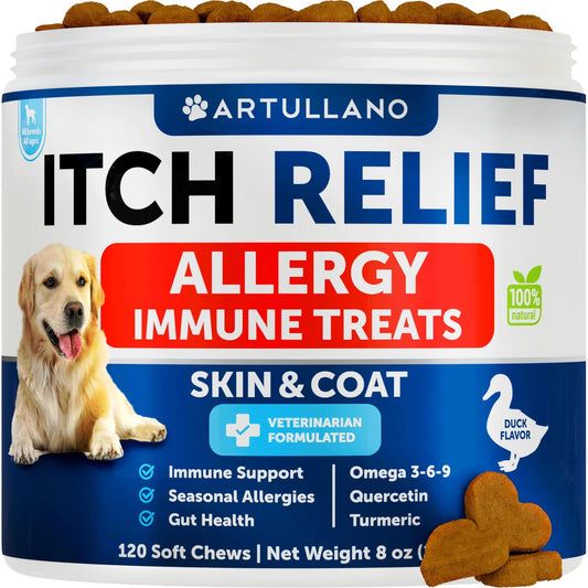 Jar of dog allergy relief chews Itch Relief Allergy Immune Treats for skin and coat duck flavor