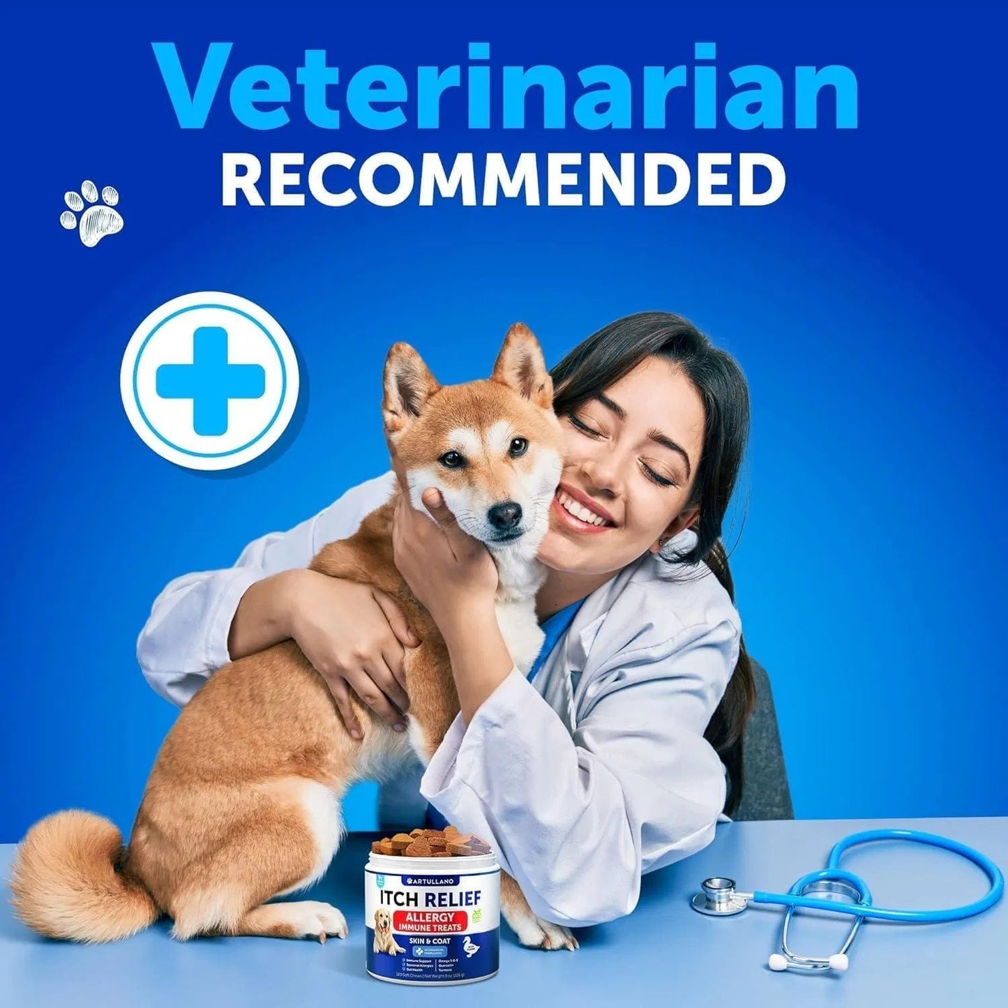 Orange Poppy veterinarian hugging a Shiba Inu beside jar of dog allergy relief chews for itch relief