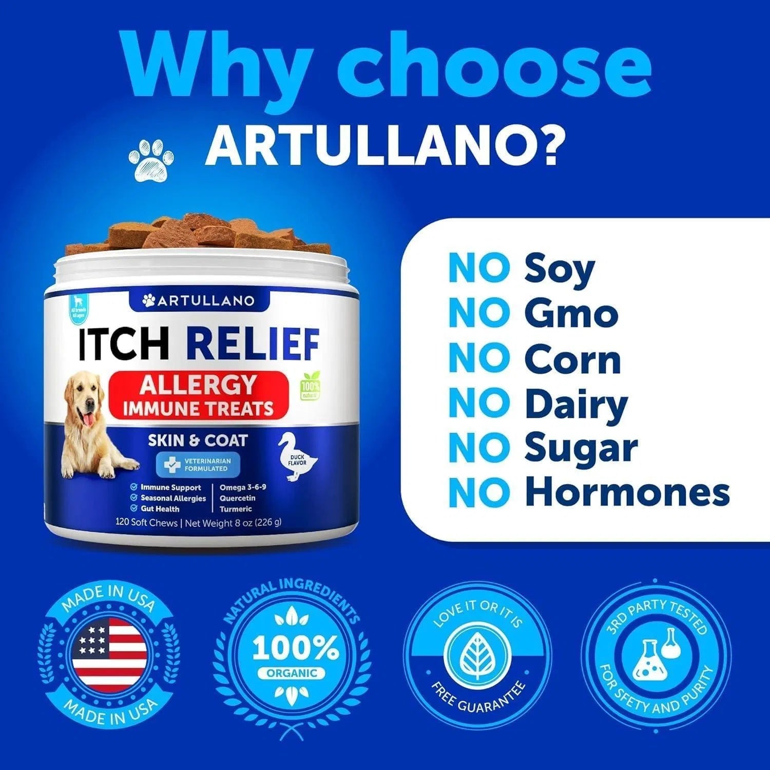 Artullano Itch Relief tub of dog allergy relief chews for skin and coat with no soy no GMO no corn