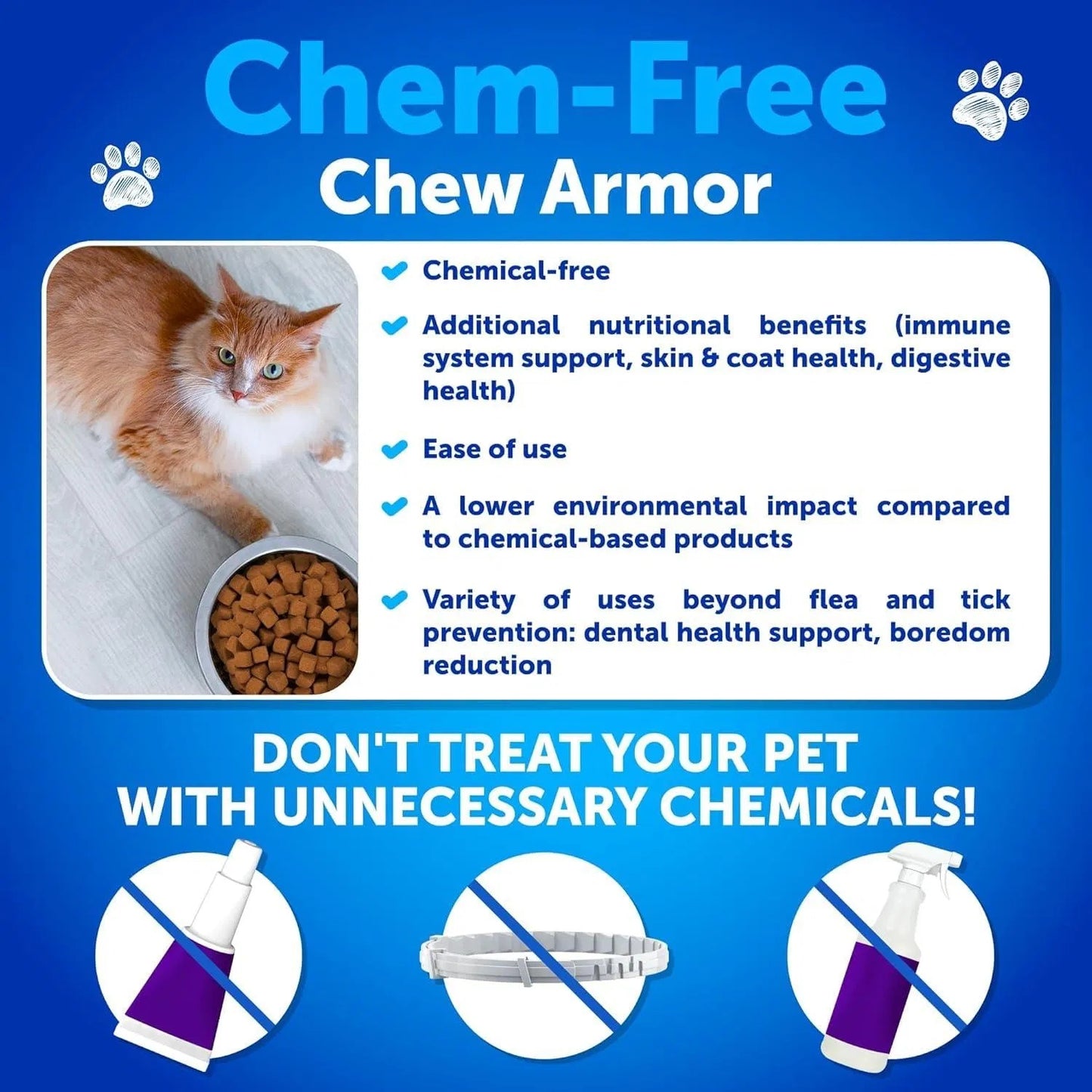 Orange cat on blue Chem Free Chew Armor ad showing kibble bowl and claims for natural flea and tick prevention for cats