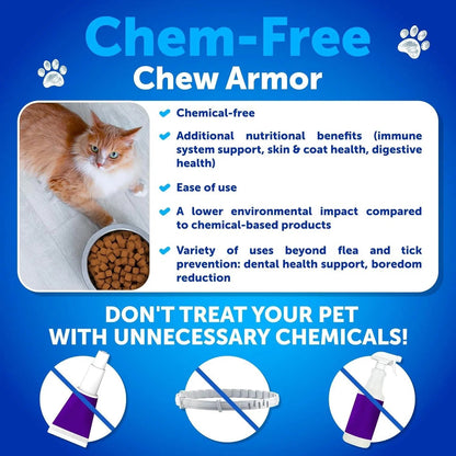 Orange cat on blue Chem Free Chew Armor ad showing kibble bowl and claims for natural flea and tick prevention for cats