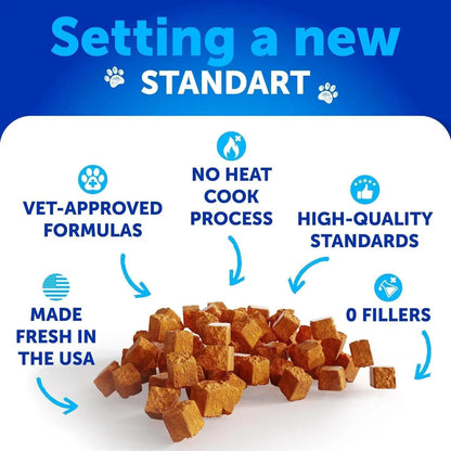 Orange Poppy pet treat cubes with vet approved formula and no fillers promoting natural flea and tick prevention for cats