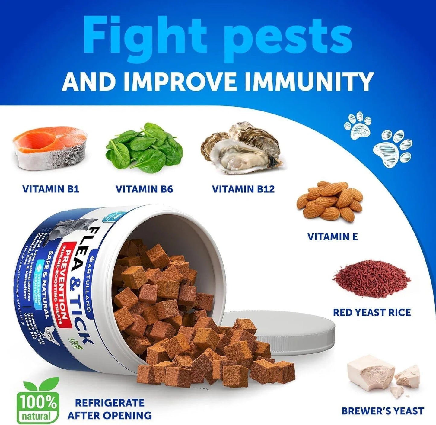 Orange Poppy cat supplement jar and cubes with salmon and vitamins for natural flea and tick prevention for cats