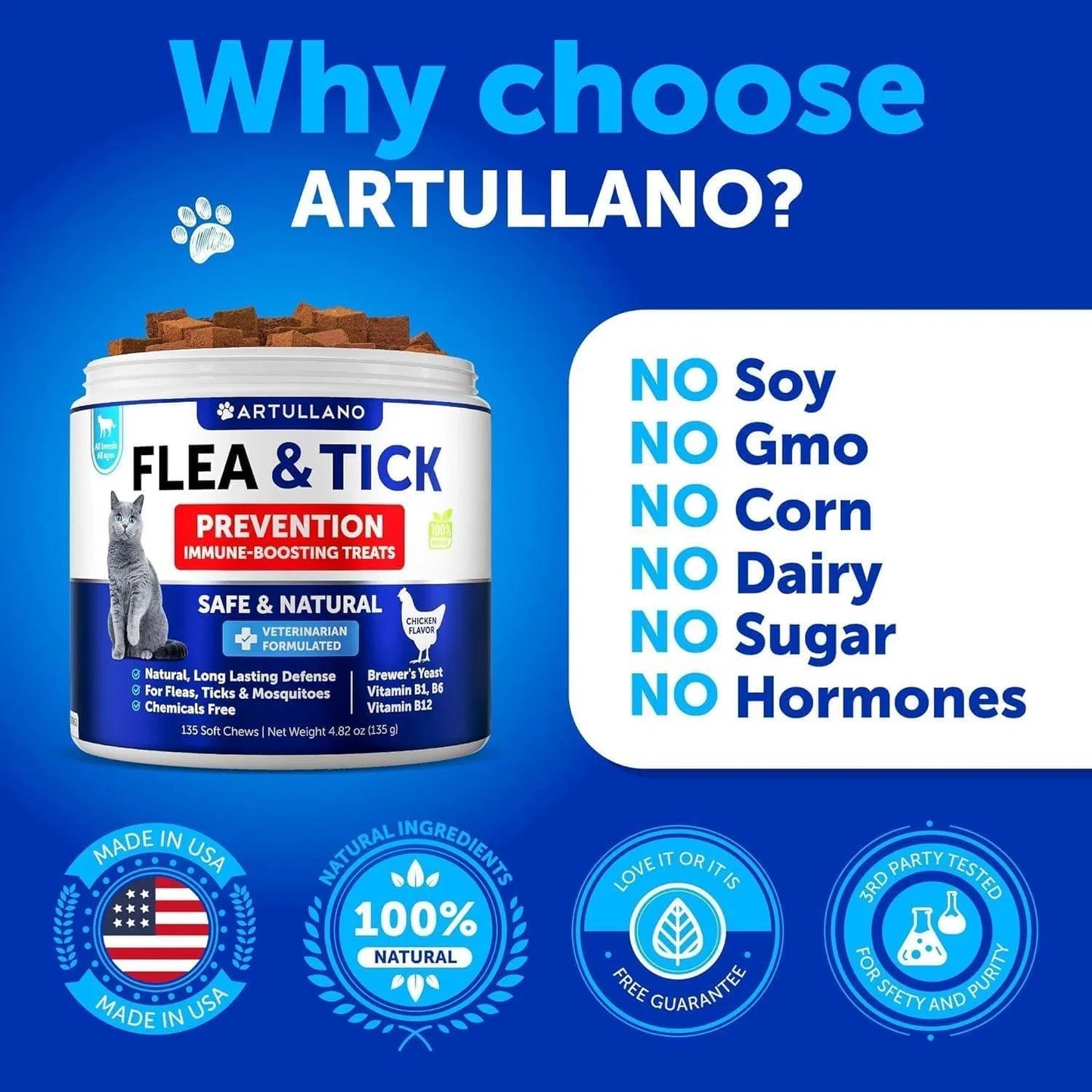 Orange Poppy Artullano flea and tick prevention jar on blue background promoting natural flea treatment for cats