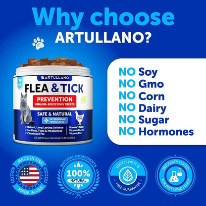Orange Poppy Artullano flea and tick prevention jar on blue background promoting natural flea treatment for cats