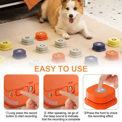 Orange Poppy pet talking button toy set displayed on rug with corgi and instructions for recording messages