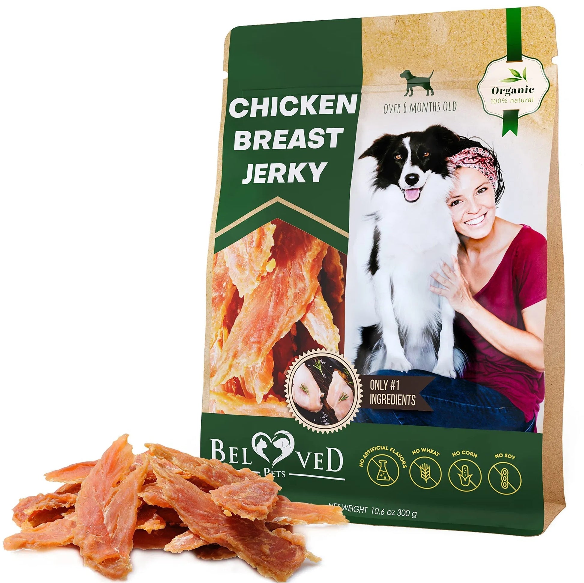 Beloved Pets all natural chicken jerky dog treats with organic ingredients and happy dog owner