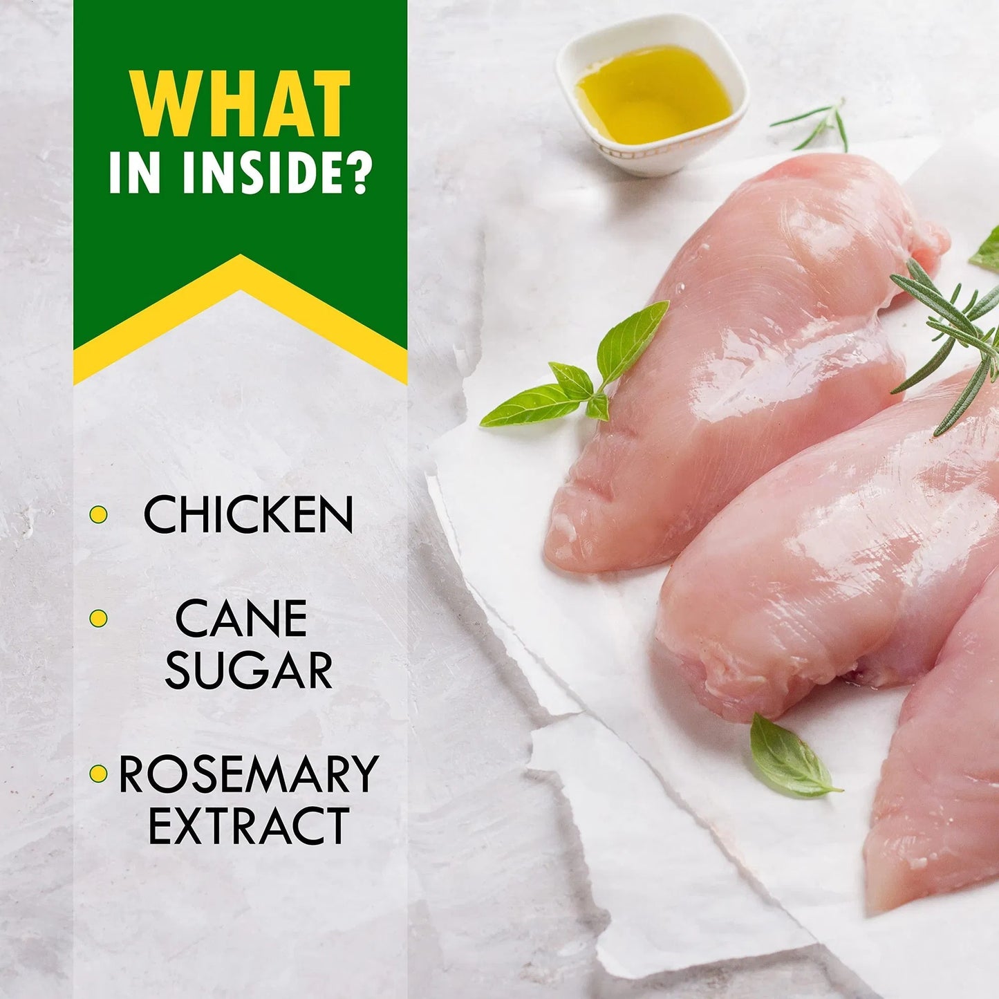 Ingredients for all natural chicken jerky dog treats including chicken, cane sugar, and rosemary extract