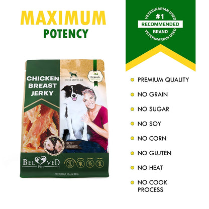 Beloved Pets All Natural Chicken Jerky Dog Treats in a bag, highlighting premium quality and no unwanted ingredients