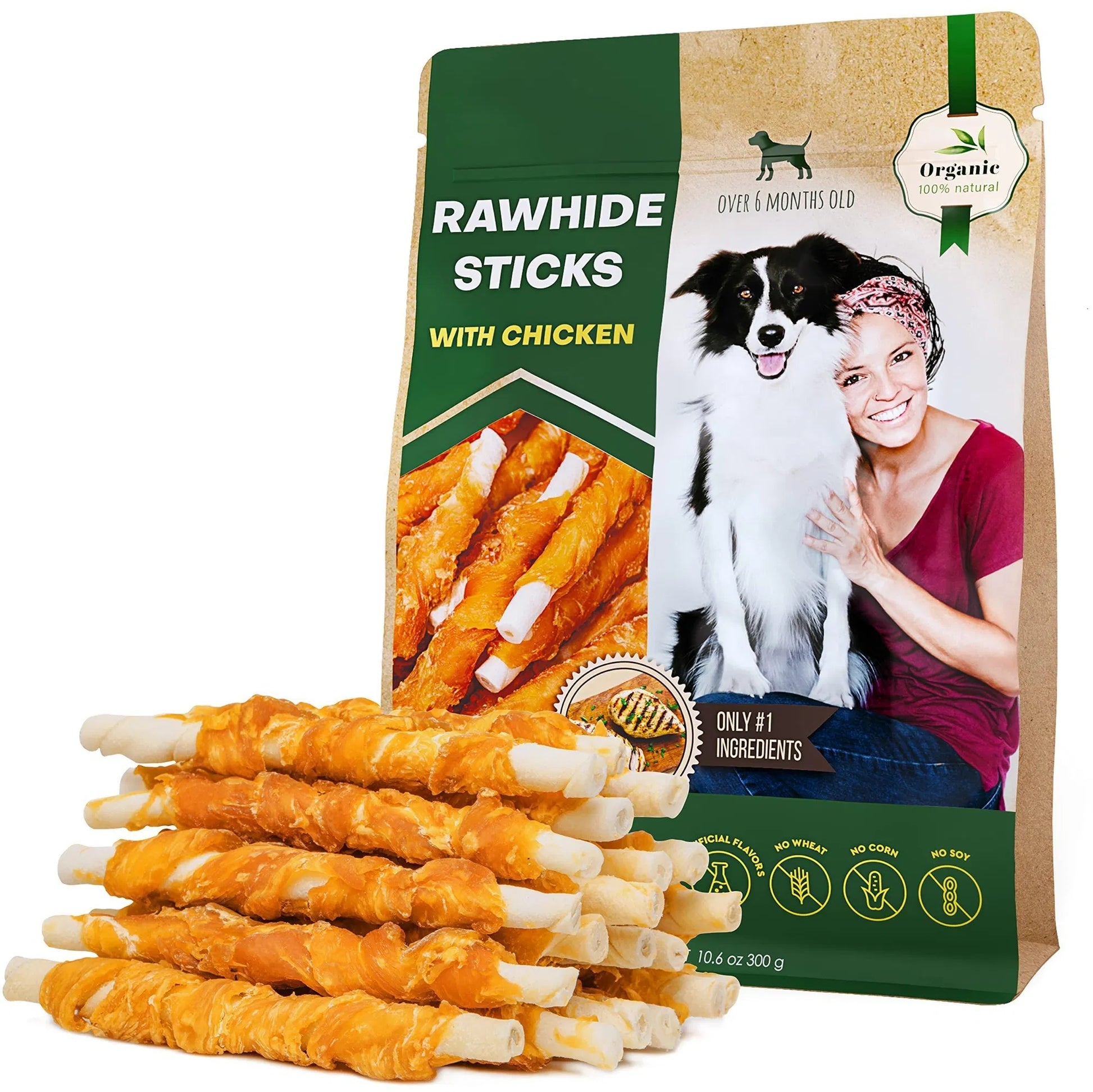 Orange Poppy chicken wrapped dog sticks organic rawhide chew sticks pack for medium and large dogs