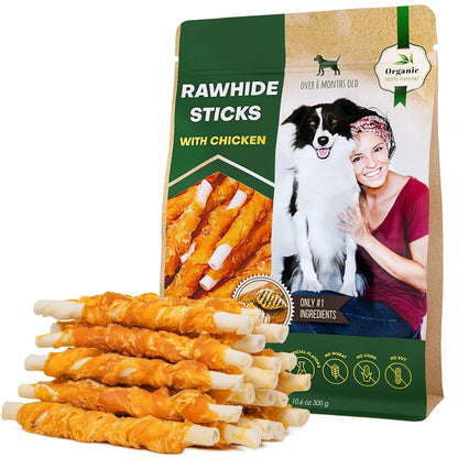 Orange Poppy chicken wrapped dog sticks organic rawhide chew sticks pack for medium and large dogs