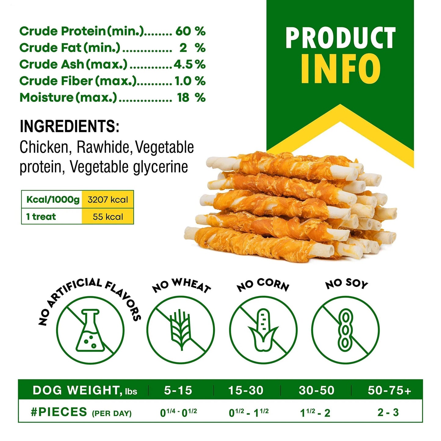 Orange Poppy chicken wrapped dog sticks organic label with stacked chicken wrapped rawhide sticks and ingredient icons