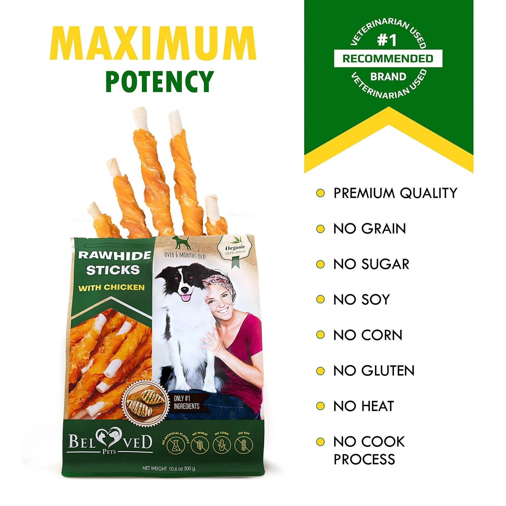 Orange Poppy rawhide sticks package with dog and owner showing chicken wrapped dog sticks organic treats