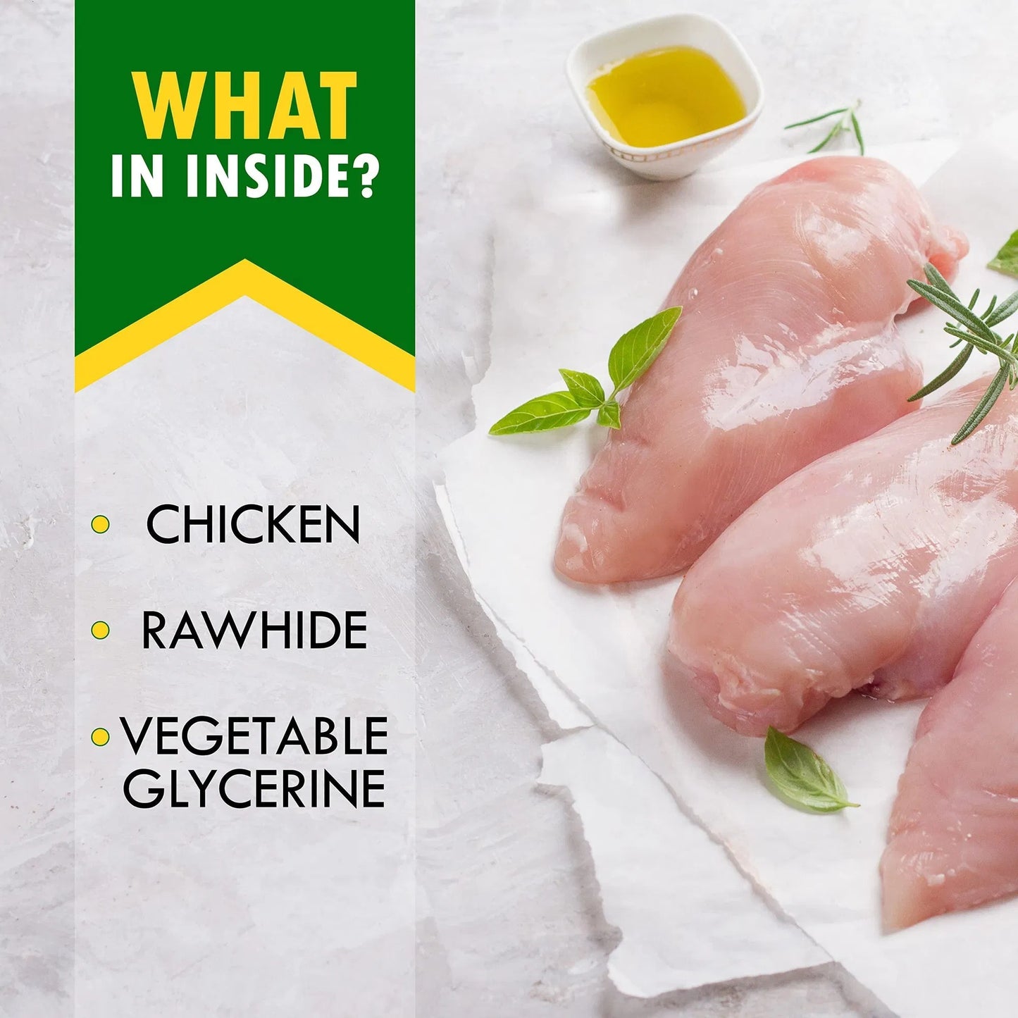 Orange Poppy image of raw chicken breasts with herbs and oil and ingredients list for chicken wrapped dog sticks organic treats