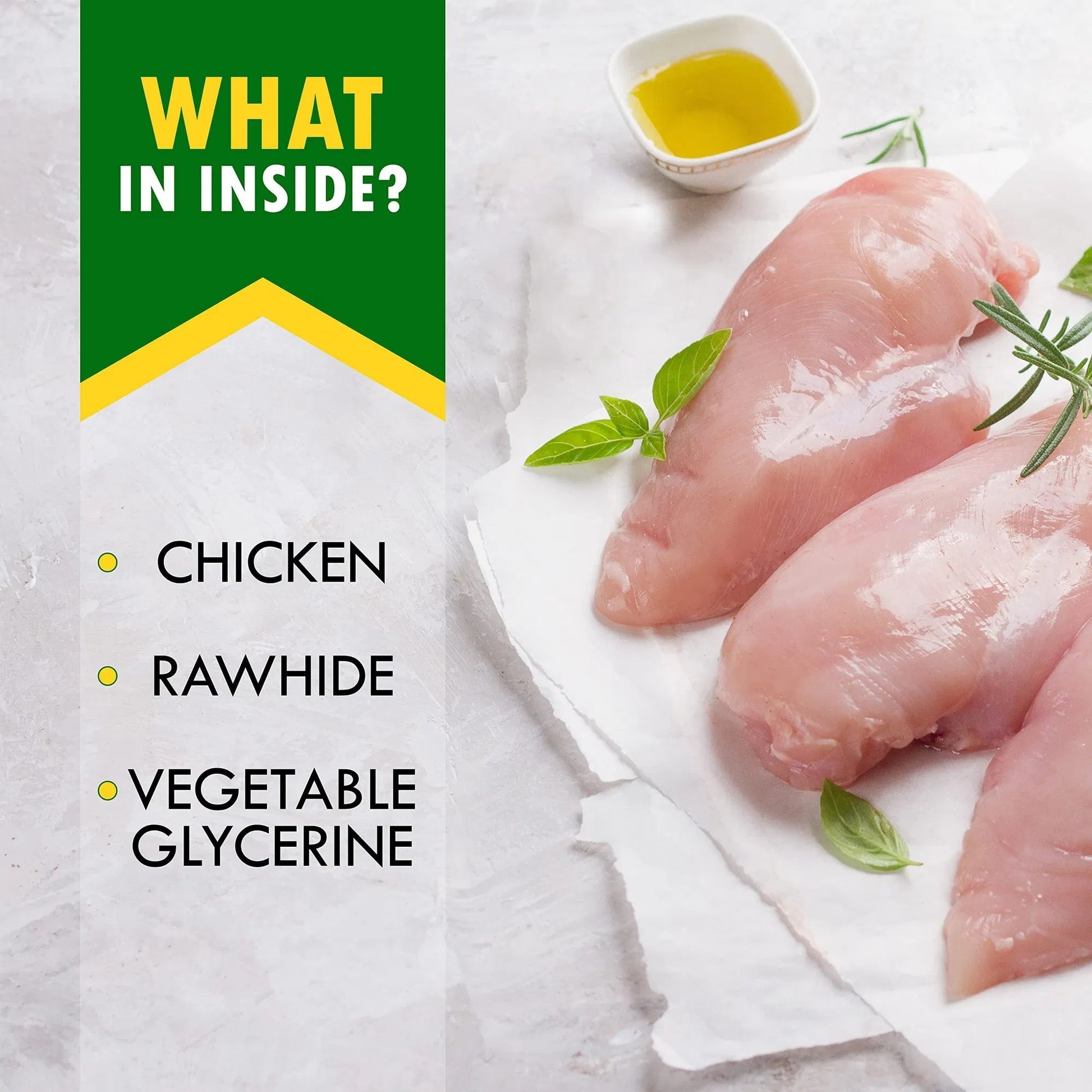 Orange Poppy image of raw chicken breasts with herbs and oil and ingredients list for chicken wrapped dog sticks organic treats