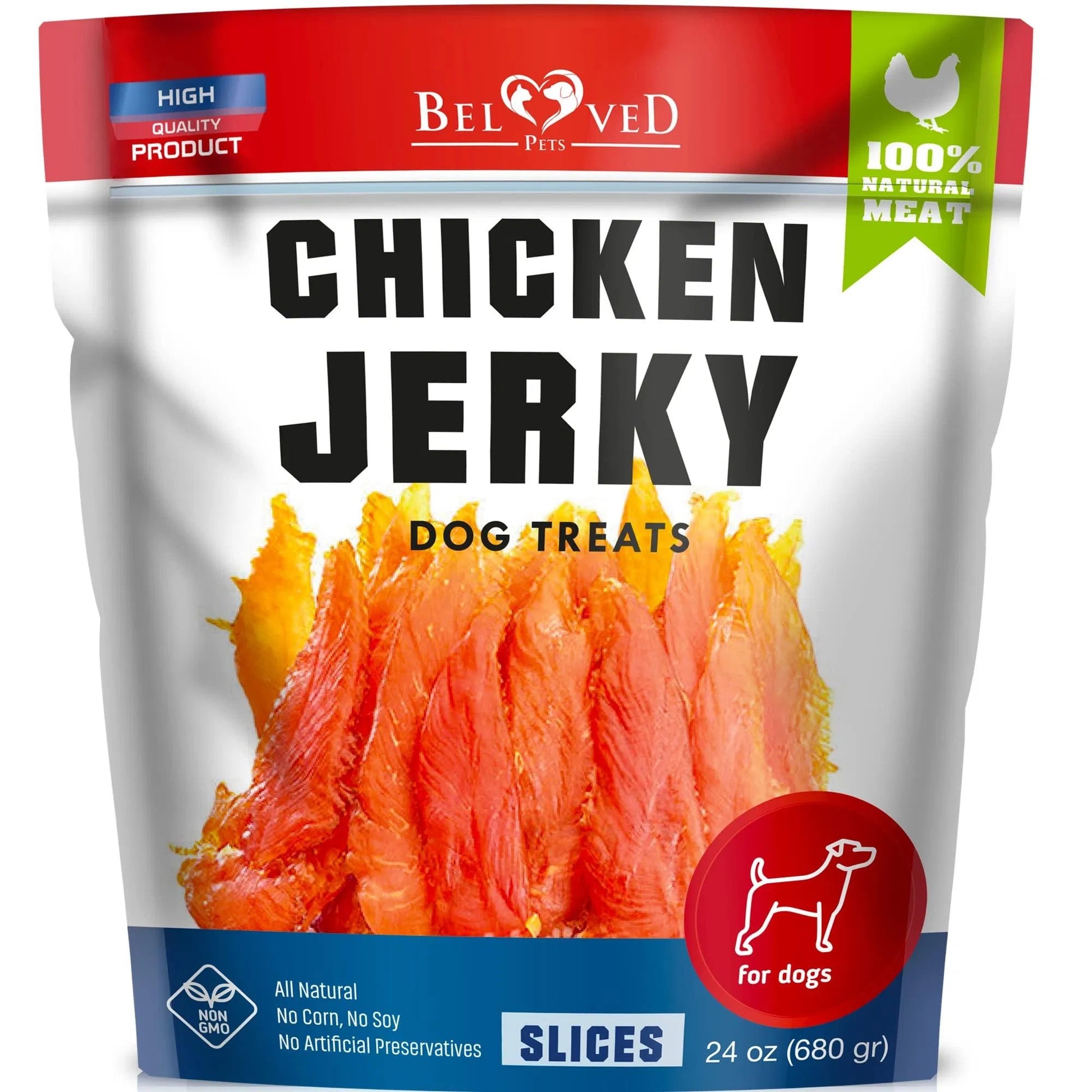 Orange Poppy chicken jerky dog treats pouch showcasing organic high protein dog chews real chicken slices
