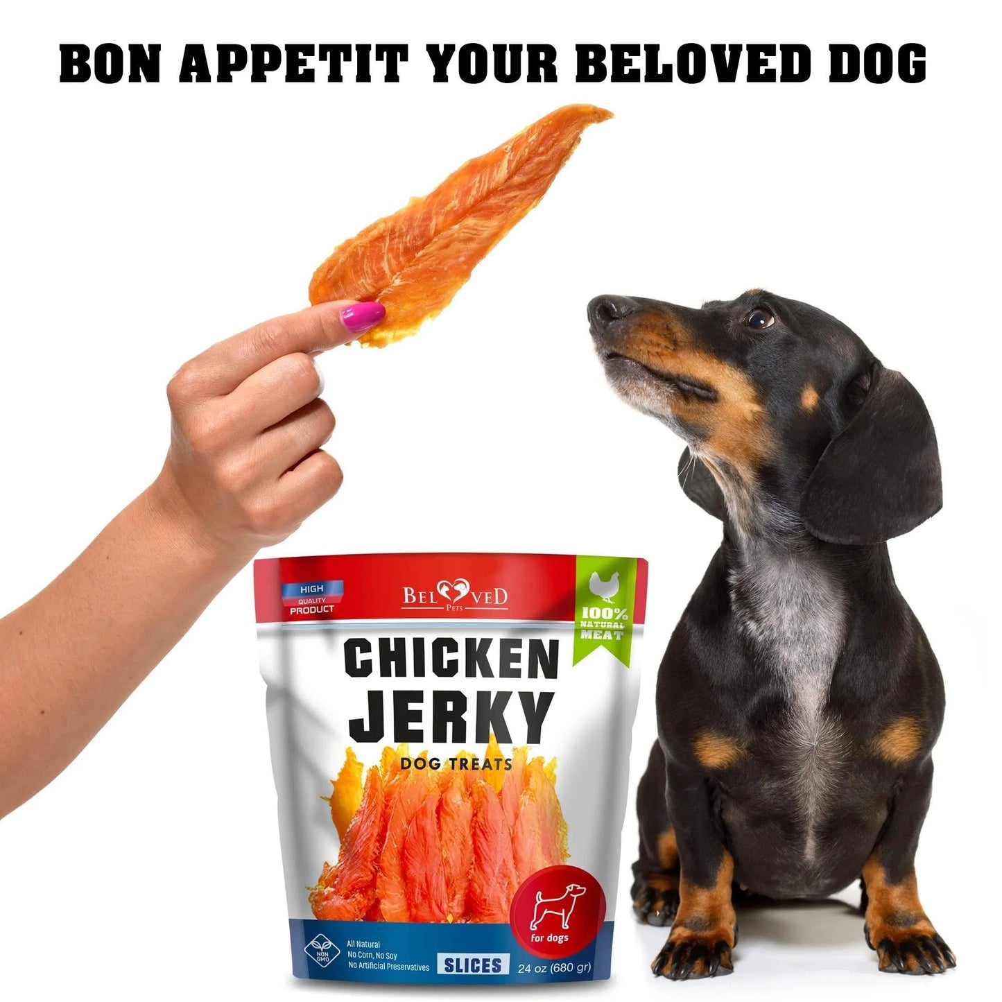 Orange Poppy chicken jerky bag with dachshund watching a hand hold a slice organic high protein dog chews
