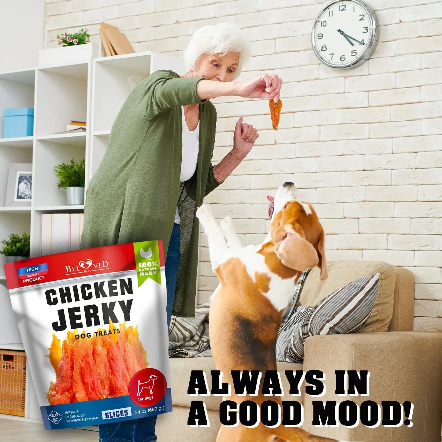 Orange Poppy chicken jerky bag and senior woman feeding dog organic high protein dog chews in living room