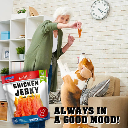 Orange Poppy chicken jerky bag and senior woman feeding dog organic high protein dog chews in living room