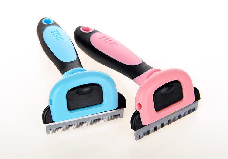 Two pet grooming tools in blue and pink, the best pet grooming tool for hair removal from coats