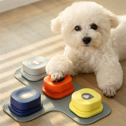 White fluffy puppy pressing orange pet talking button toy among three other colorful buttons on a gray mat
