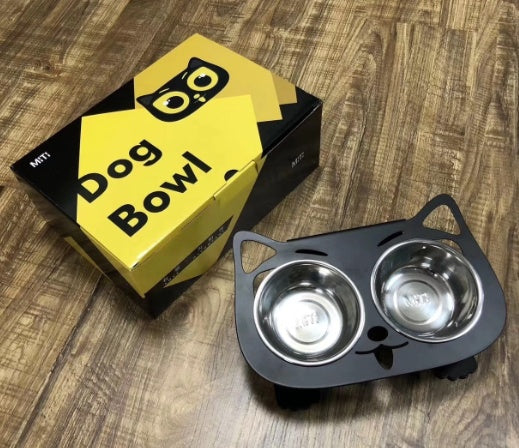 Stylish cat and dog water bowl with stand, featuring dual stainless steel bowls and a playful design