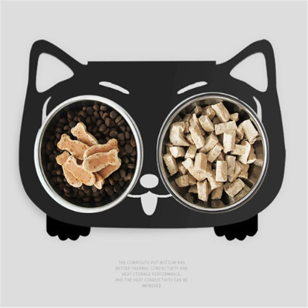 Cat and dog water bowl with stand featuring a fun cat design and two stainless steel bowls