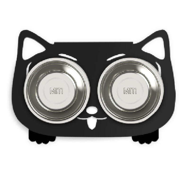 Black cat and dog water bowl with stand featuring two stainless steel bowls for pets