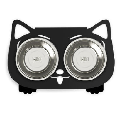 Black cat and dog water bowl with stand featuring two stainless steel bowls for pets