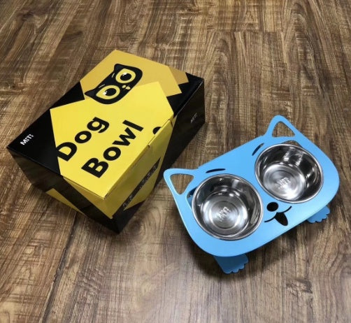 Cat and dog water bowl with stand featuring a playful cat design and stainless steel bowls