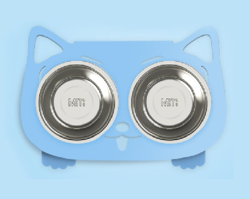 Cute blue cat and dog water bowl with stand featuring double stainless steel bowls for pets