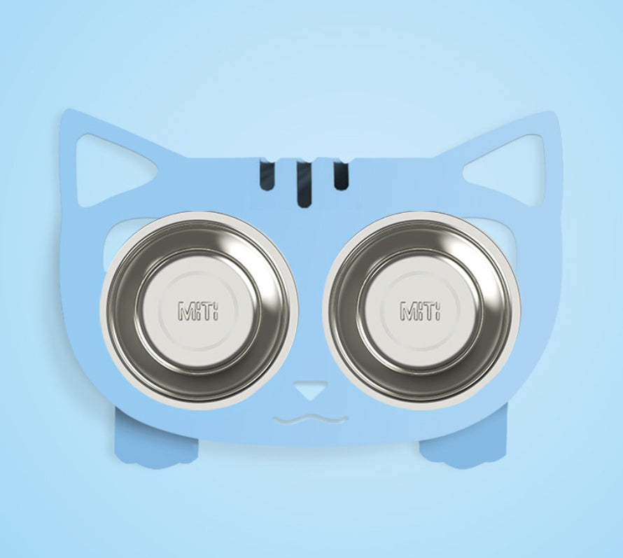 Cute blue cat-shaped cat and dog water bowl with stand featuring two stainless steel bowls