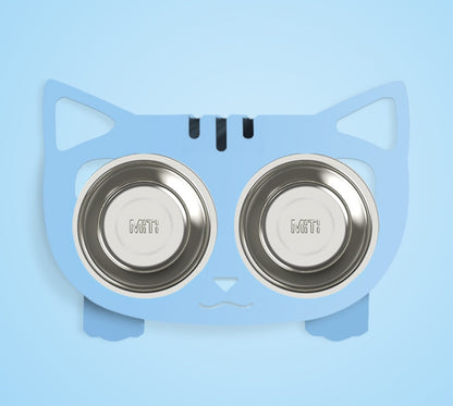 Cute blue cat-shaped cat and dog water bowl with stand featuring two stainless steel bowls